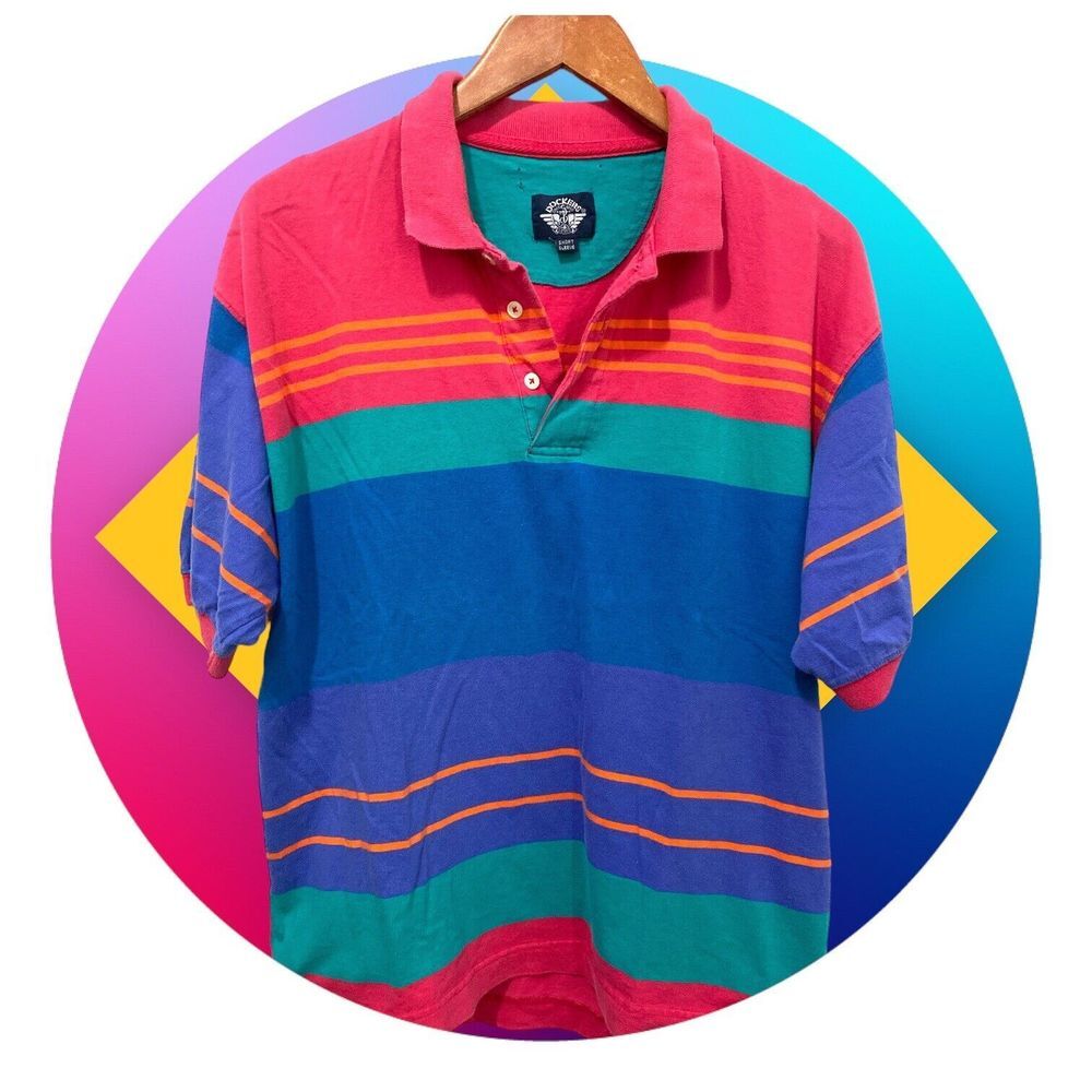 VTG Dockers Bold Colorful Striped Block Rugby Long Sleeve Polo Shirt Size Med